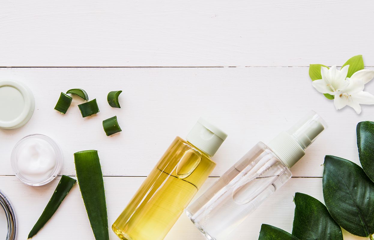 Different types of oils with their natural ingredients like jasmine and aloe vera 