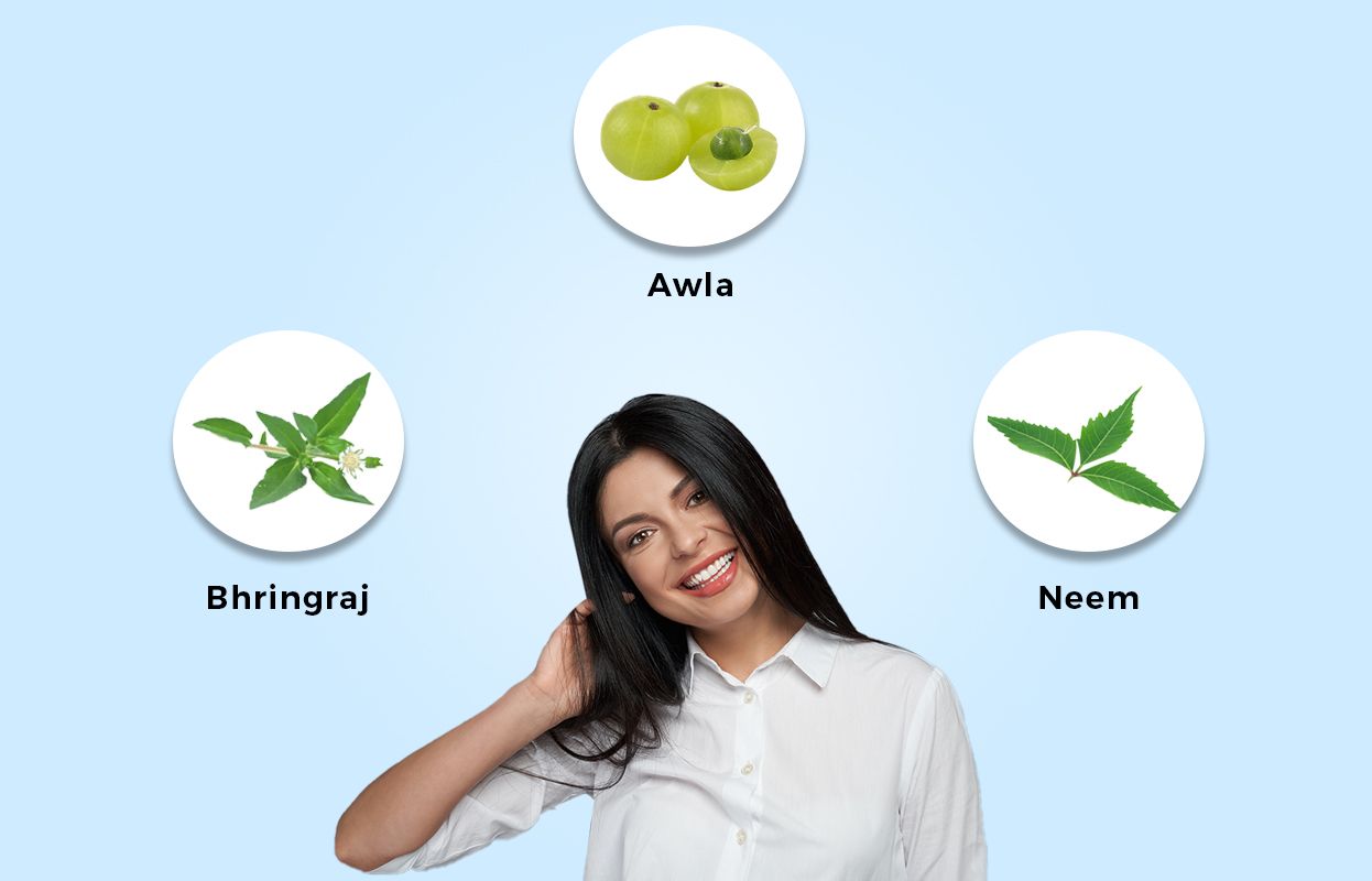 Ayurvedic herbs and a happy woman with dandruff-free hair