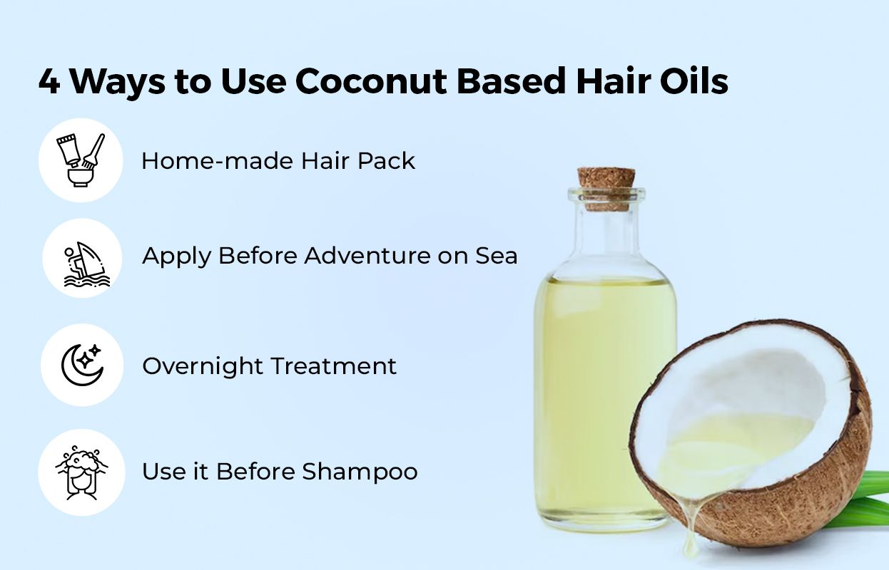  Four ways to use coconut hair oil-a woman with 4 sign-write four advantages around