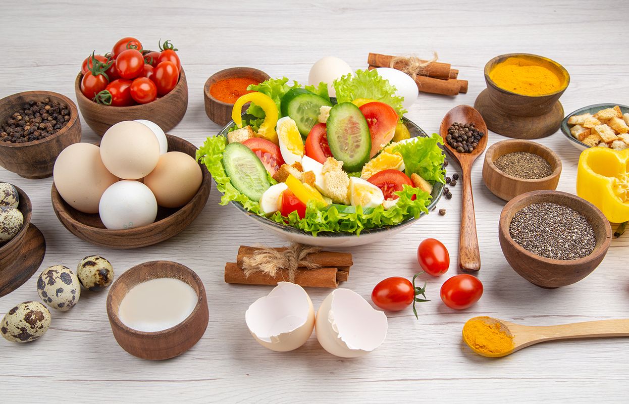 Veggies, egg, milk and vitamins, protein images
