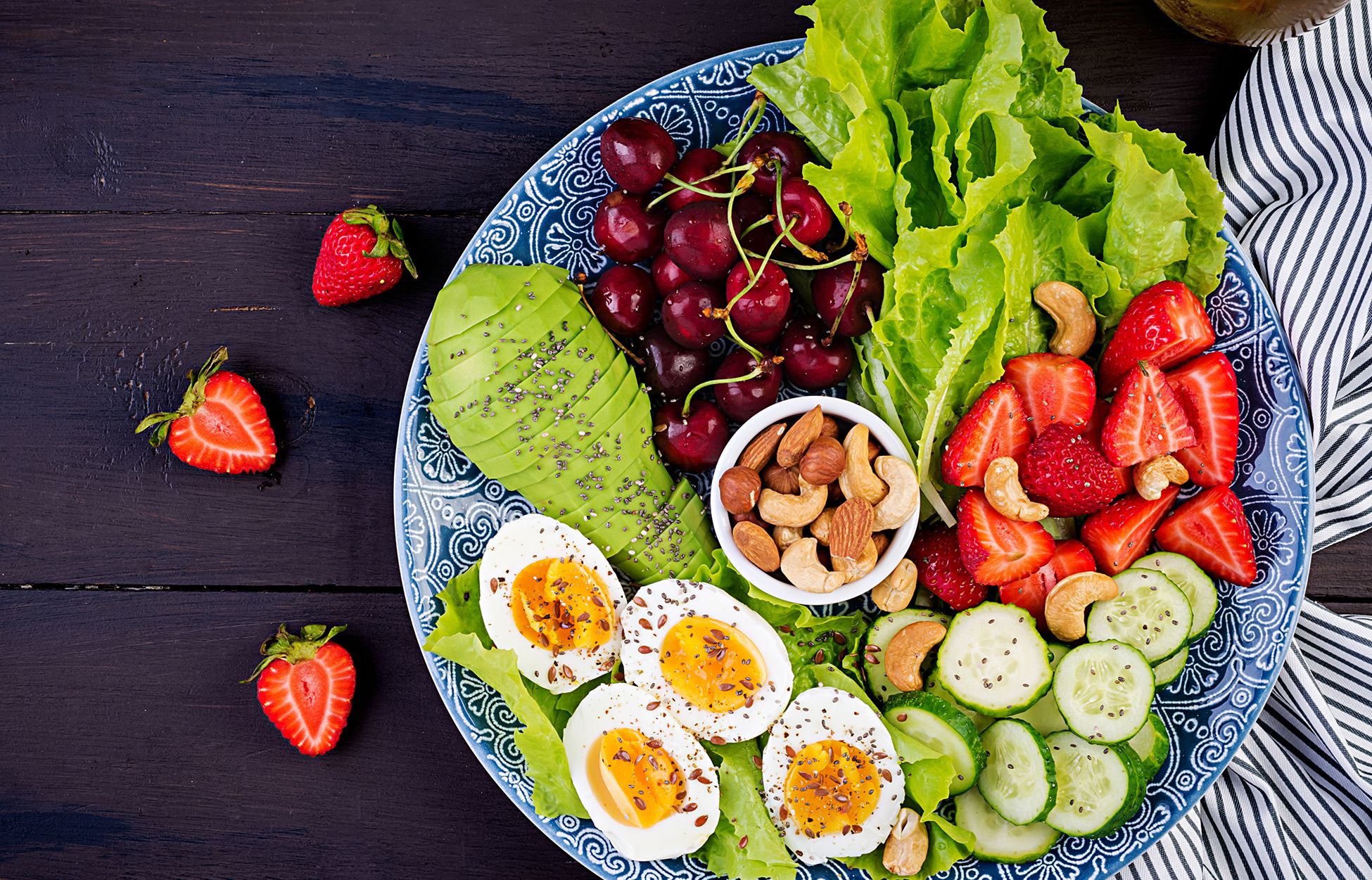 Plate with fruits, vegetables, eggs, nuts, etc. (any variation of this that indicates a balanced diet)